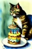 Placeholder: A cute cat is having a birthday cake. Watercolour