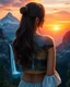 Placeholder: beautiful girl, back painted with mountains and waterfalls, sunset, 4k resolution, max detail, professional, surrealism