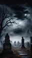 Placeholder: Scary realistic night foggy cemetery with black clouds background