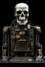 Placeholder: A creature half human half machine with electronic chips , front view
