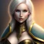 Placeholder: D&D cleric, female, platinum blonde hair, golden colored eyes, smiling, teal colored armor