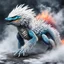 Placeholder: a sturdy colorful arctic drake curly white fur, smokey breath and fire, claws, spikes along back, a long tail, moving forward towards viewer, wrapped in smoke