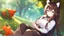 Placeholder: 1girl, sitting, animal ear, tree, carrot on hand , long bunny ears, brown bunny tail, short blue skirt, long brown hair, white shirt, blu eyes