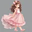 Placeholder: watercolor, full body, different poses, cute smile girl, curly hair, big eyes, long brown hair, pink dress, pink shoes, white backgrownd