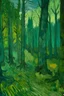 Placeholder: A bluish green jungle with tall trees painted by Vincent van Gogh