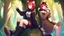 Placeholder: Two Girls, red hair, raccoon ears, raccoon tail, raccoon muzzle on face, forest, sit on tree, raccoon paws on hand, paws on foot, coat on neck,with tongue out