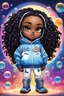 Placeholder: Create an colorful psychedelic comic book illustration of a chibi cartoon black female thick curvy wearing a cut of blue and white hoodie and white jeans and timberland boots. Prominent make up with long lashes and hazel eyes. Highly detailed shiny sister locs. Background of a large bubbles all around her