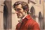 Placeholder: elegant brown haired man in firenze in red costume in sunshine, shading pastel and charcoal