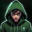 Placeholder: Create a compelling image featuring a man in a green hoody with a dapper expression against a white background. Specify a hand-drawn style with bold strokes, emphasizing the meaning of the subject. full head. Ensure the composition captures the essence of elegant expression, creating a visually striking and impactful scene through the use of hand-drawn strokes. Vista frontal