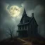 Placeholder: derelict haunted house at midnight, foggy, full moon partilly obscured by clouds, matte oil painting, by Goya and Zdzislaw Beksinski and Alexander Jansson, looks like an old aged painting with cracked textures and faded colors, spooky