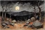 Placeholder: Night, mountains, rocks, dry trees, gothic horror films influence, winslow homer watercolor paintings