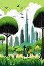 Placeholder: Trees, a veiled student, a teacher, an outdoor classroom, grass, birds, cloudy weather, and Burj Khalifa.