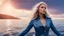 Placeholder: half body shot,realistic portrait of a 20-25 old caucasian model, long blue pink flowing hair, great grey eyes, blue leather jacket,full body, short white skirt,long legs,standing on deck of very big ship, beach of very nice lake with sunset ,clouds,godrayes