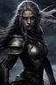 Placeholder: SA female elf with skin the color of storm clouds, deep grey, stands ready for battle. Her long black hair flows behind her like a shadow, while her eyes gleam with a fierce silver light. Despite the grim set of her mouth, there's a undeniable beauty in her fierce countenance. She's been in a fight, evidenced by the ragged state of her leather armor and the red cape that's seen better days, edges frayed and torn. In her hands, she grips two daggers, add dark shadow mystic purple flames