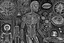 Placeholder: interviewing a human being of earth. stereotypical depiction of highly advanced, evolved, enlightened, technologically advanced & intergalactic spacefaring alien beings from deep outer space. contemporary depiction. ancient archival antiquity traditional monastic printmaking high contrast black & white ine drawings on acid etched plates