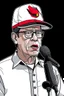 Placeholder: Ilustración vectorial de Gustavo Petro con gorra deportiva camisa, hablando tranquilamente con micrófono, colores negro, blanco y rojo, fondo negro