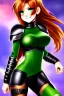 Placeholder: In the style of Shadman, hyper detailed, strikingly beautiful teen female, 16 years old, long ponytail, ginger hair, green eyes, medium freckles, full lips, micro top, black leather armour lined with fur, full body, full face, tiny breasts, athletic, centred camera, ignore NSFW, thong, camel toe, athletic