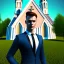 Placeholder: A handsome npc ständig in front of a church, futuristic design, a paradise in background