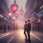 Placeholder: A professional night shot of a romantic far future city, seoul, couple holding hands, trending on Artstation, sharp soft focus, highly detailed, crowded, red balloons falling, couple facing away.