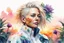 Placeholder: white background, cyberpunk, watercolor, Woman 48 years old, blonde, portrait painting, acrylic, summer sunset, plant hair, flower clothes, double exposure, fine rendering, high detail, high resolution, 8K