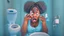 Placeholder: baffled black lady with cellphone using the toilet