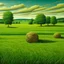 Placeholder: A green plain filled with haystacks painted by Frank Wilson