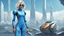 Placeholder: A full-body photograph of a young, slender woman with blond shoulder-length bob hair in a blue jumpsuit, standing in a futuristic cityscape with advanced spacecraft behind them, with an android in a huge metal exosuit with a helmet standing guard beside her.