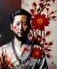 Placeholder: an abstract painting of rusted metal and flowers, Samurai, Geisha style, 8K, a Highly detailed stunning portrait of Dom man holding a woman by the chain, realistic face, white suit, beard, and short hair, bad boy