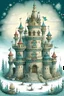 Placeholder: Create an image of the imaginary tower of a winter palace which is the home to a family of mythical creatures, who are protected from evil creatures by an enchanted moat around the tower.