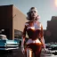 Placeholder: Ultra Realistic retro sci-fi movie explosion Supermarket parking scene, 1960 year, waist up view portrait, blonde woman, sweet scarlet Johansson face, perfect iris, glow eyes, face makeup, tight latex coat; many people looking, Retro sci-fi style, soft color, highly detailed, unreal engine 5, ray tracing, RTX, lumen lighting, ultra detail, volumetric lighting, 3d, finely drawn, high definition, high resolution.