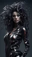 Placeholder: PAPERCUT 3d photo realistic portrait of young woman, dark fantasy, beautiful, dark eyes, dark make up, streaks of paint, paint blobs and smears, paint powder, textured, silver, shiny molten metalics, wild hair, high definition, octane render, 64k, 3d