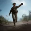 Placeholder: american soldier in vietnam taking a selfie with a gopro while running from combat