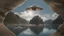 Placeholder: aerie made of rock reaching hundreds of feet into the sky, in a lake, with a flying saucer over head