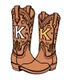 Placeholder: a pair of cowgirl boots with a large "K" in the pattern on the side of the closer boot. Vector illustration with bold linework