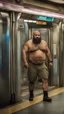 Placeholder: full figure photography of an ugly dirty arab burly muscular chubby stocky strong man 47 years old with raided beard, shaved hair,, manly chest, hairy , ajar mouth, photorealistic ,shirtless, bulging shorts, side light, inside a crowded subway station , neon lights