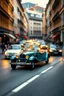 Placeholder: tilt-shift toy-car style shot of a high-speed car chase in the middle of a European city in the 1920s