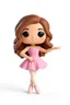 Placeholder: Funko figure of a very young female, smiling, long wavy soft brown hair, wearing a ballerina dress, pink dress, ballet, very cute, ballet pose,. typography, 3D render. White background