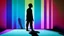 Placeholder: shadow made of different colors of a person looking for information on a large screen