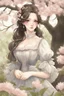 Placeholder: Beautiful Girl in the garden, 18 century, brunette, literally dark hair, dark eyes, fat, smell of sakura, rest, detailed face, england, she is staying under the tree