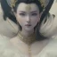 Placeholder: smooth hyper realistic, beautiful Japanese goddess, pale colors, dark cosmos background, cat еye, extremely sharp detail, finely tuned detail, ultra high definition, 8 k, unreal engine 5, ultra sharp focus, accurate sword wings, positive smile, lot of details, fit within portrait, Ambiance winter, perfect composition, perfect hair, perfect hands, finger up gestures