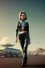 Placeholder: retro sci-fi portrait image from 1960, supermarket parking explosion, long hair, young Scarlett Johansson, classic black tight lycra suit, gold bracelet and belt, high heel boots, soft color, highly detailed, unreal engine 5, ray tracing, RTX, lumen lighting, ultra detail, volumetric lighting, 3d, finely drawn, high definition, high resolution.