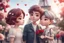 Placeholder: cute chibi mahogany haired girl with a short, silver haired boy, Eiffel tower, heart and love, flowers in Paris, ethereal, cinematic postprocessing, bokeh, dof