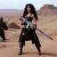 Placeholder: tattooed Julie Strain in action, standing on a dusty hill in the badlands - Heavy Metal F.A.K.K.2 her machine-gun in hand (shot from The Dark Crystal, 1982 dark fantasy film directed by Jim Henson and Frank Oz)
