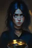 Placeholder: girl,dark blue clothes,blonde black hair,golden ring,cooks,black eyes