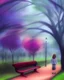 Placeholder: park mystical dream, park bench, man, woman, child, dog, trees, path, bird, sunshine, mystical, fantasy, romanticism, pastel colors, daylight, daytime, acrylic painting, detailed, soft focus,