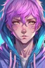 Placeholder: An anime man with messy short pink hair and narrow blue eyes wearing a hooded jacket Realistic.