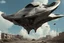 Placeholder: Sleek, cargo spaceship, looking like a manta ray, landing on a destroyed alien street, blue sky, photorealistic, highly detailed