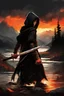 Placeholder: A formidable warrior-a 10-year-old boy in a black robe with a hood, on the background Amazing gloomy landscape, flooded with sunset, mountains, trees, fabulous scary hero, , juicy emotions, painting, dark fantasy, bad weather, gloomy day, dark world, by Raymond Swanland & James Paick & Alyssa Monks & Anna Razumovskaya