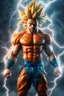 Placeholder: realistic 3d rendering of goku super saiyan fused aquaman, surrounded by lightning, big muscular, full body photography, hyperrealistic