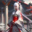 Placeholder: UHD, hd, 8k, oil painting, hyperrealism, Very detailed, zoomed out view, full character in view, white hair female demon character wearing a hanbok with a white top and long red bottom, she holds a katana in her right hand, she stands in front of a Japanese style palace digital art, anime, full details